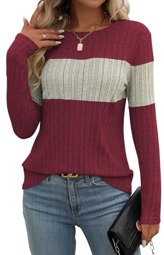 Gemulate Women's Jumpers Long Sleeve Tops Ladies Lightweight Knit Jumpers Round Neck Sweaters Casual Tight Fit Striped Sweatshirts T Shirt -Wine Red, S