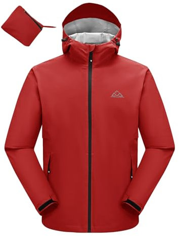 donhobo Herren Regenjacke Atmungsaktiv für Männer Wasserdicht Leicht Faltbare Regenmantel Outdoor Fahrrad Rain Windbreaker mit Kapuze (Rot, L)