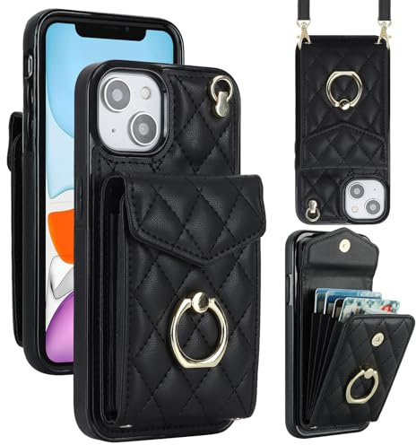 Draamvol for iPhone 13 Case Wallet Shockproof Leather iPhone 13 Phone Case with Card Holder Ring Holder Detachable Necklace Magnetic RFID Blocking Air Bumper Cover,Black