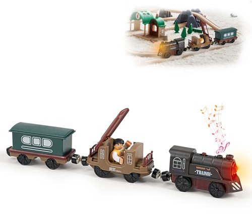 Train Toy Set for Wooden Track - 3 Pcs Magnetic Retro Battery Operated Train for Wooden Track with Human Figure Light Up Electric Train Toys for 3 4 5+ Years Old Toddlers Kids Birthday Christmas