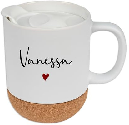 CreaDesign, Tasse mit Name personalisiert Kork weiß, Namenstasse mit Korkboden und Kunststoffdeckel, 330 ml