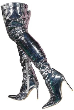 Stivali Alti sopra Il Ginocchio da Donna. Stivali Alti Fino alla Coscia con Tacchi a Spillo in Pelle Argentata Lucida. Stivali da Festa di Danza Cosplay. Stivali Fetish,Argento,45 EU