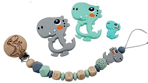 Attache tétine sucette personnalisée/prénom/bébé naissance cadeau, modèle Dinosaure gravé silicone et bois (Attache tétine uniquement)