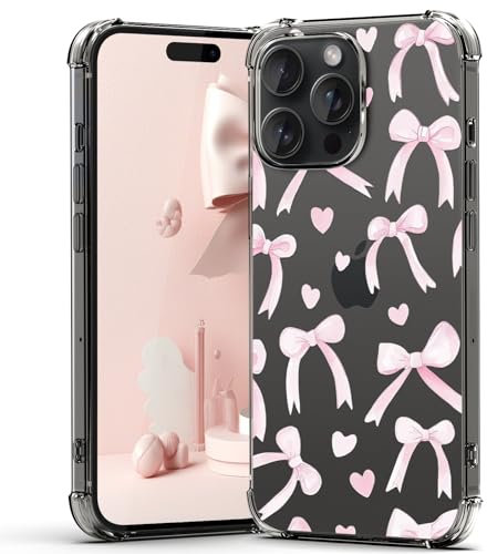 YEPO Compatible With iPhone 15 Pro Max Bow Case Clear, Ribbon Design Women Girls Protective Soft Slim Anti-shock Bumper Mobile Cover Cute Phone Case For iPhone 15 Pro Max Pink