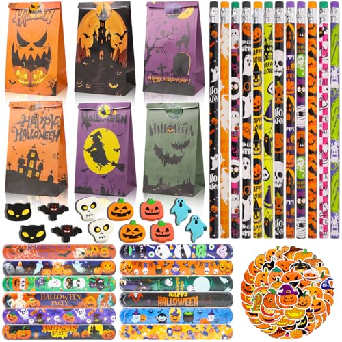 Ezydka Halloween Party Mitgebsel Set 98 Stück Gastgeschenke Give Aways | Halloween Pinata mit Bleistifte Geschenktüten Radiergummi Aufkleber für Party Favors kindergeburtstag