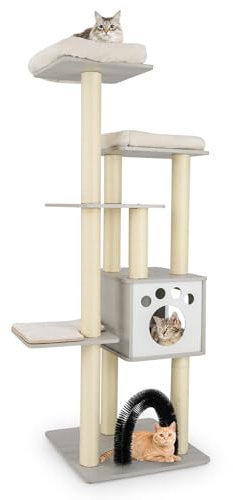 COSTWAY Arbre a Chat XXL en Bois 176 cm, 4 Poteaux à Griffer en Sisal, 5 Plateformes, Condo, Brosse d'Toilettage, Arbre a Chat Maine Coon, Tapis Amovible, pour 4-6 Chats, 59 × 59 × 176 cm, Gris