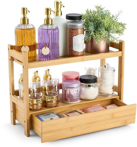 Sorbus Bamboo Bathroom Counter Organizer – 2-Tier Shelf with Hidden Drawer for Vanity, Matcha Station, Bathroom Sink Organizer Countertop, Kitchen & Office Storage (17″ L x 6.5″ W x 12.6″ H)