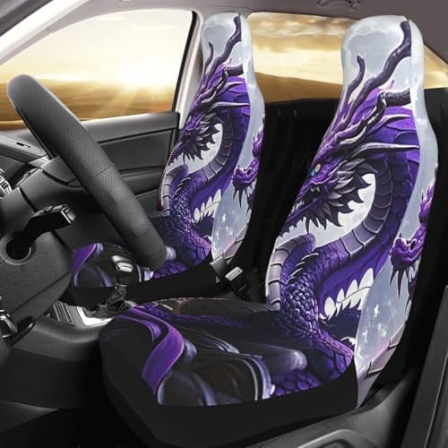PAQOLSMCKR Autositzbezug 2 Stück Sitzbezüge für Autos Lila Drache Lila Mond Sitzschoner Auto Sitzmatte mit Gummiband Wasserdicht Autobezüge Autozubehör 2er Set