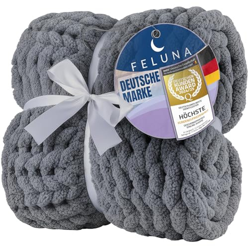 Feluna® Kuscheldecke Grobstrick - Flauschige Strickdecke als Sofa-Überwurf | Weiche Wohlfühldecke in Dunkelgrau & 3 weiteren Farben - Tagesdecke für Sofa & Wohnzimmer