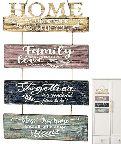 Set di 4 cartelli Decorativi da Parete in Legno Vintage, per la casa da Appendere, per Bagno, Soggiorno, Ingresso, Decorazione Rustica per la casa