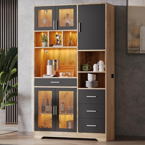 BTM Hochschrank mit LED Küchen Buffetschrank Küchenschrank Vitrinenschrank Aufbewahrungsschrank Sideboard Landhausstil Schwarz