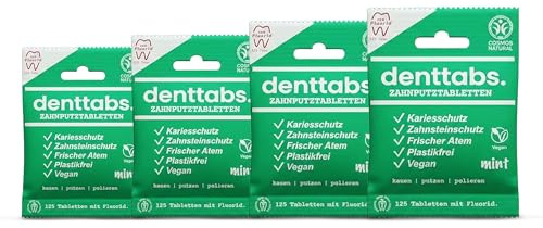 DENTTABS Zahnputztabletten500 Stk | Mint mit Fluorid | 8 Monatsvorrat | vegan & plastikfrei | nachhaltige Alternative zur Zahnpasta