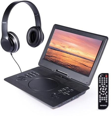 Aiwa - Lettore multimediale portatile da 14 pollici, kit da viaggio, lettore DVD e CD portatile con schermo girevole, altoparlanti stereo integrati, ingresso HDMI, telecomando, cuffie e borsa per il