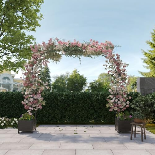 Garvee Arco da Giardino con Fioriera e Ruote, 220x40x240cm, Traliccio per Piante Rampicanti e Rose, Pergolato in PP Resistente alle Intemperie e Antiruggine, Supporto Piante Mobile per Patio e Balcone