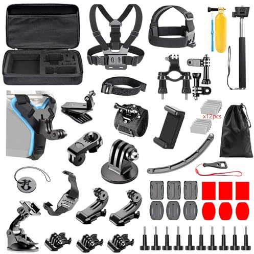 49 in 1 Action Kamera Zubehör Set, Kompatibel mit GoPro Hero 12/11/10/9/8, DJI Osmo Action, Insta360, AKASO, Wasserdichtes Gehäuse, Silikon Schutzhülle, Selfie Stick, Kopfbrustgurte, Fahrradhalterung