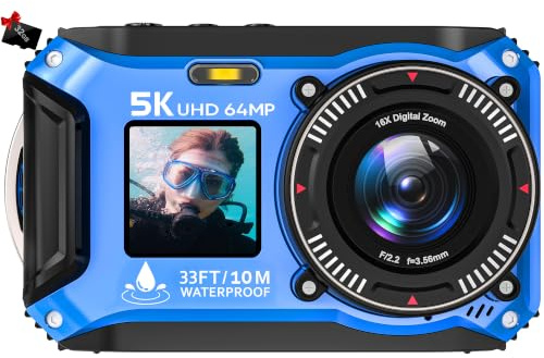 Underwater Camera Yixinxin 5K 64MP Waterproof Camera with 32GB | Dual-Screen Selfie 33FT Waterproof Digital Camera for Snorkeling Point and Shoot Digital Camera