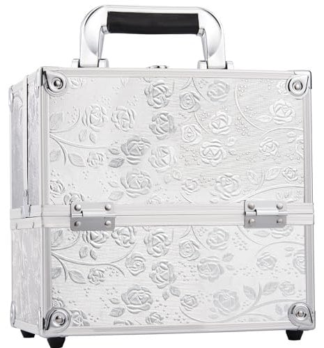 Professional Beauty Vanity Case Cosmetic Makeup Box Nail Polish Storage Beauty Train Case Lockable with Keys(Silver Rose)