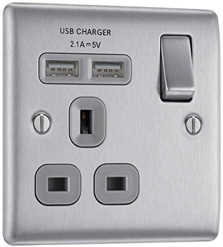 BG Electrical nbs21ug Fast Charging Switched Single Socket with Two Charging USB Ports, Brushed Steel, 13 A
