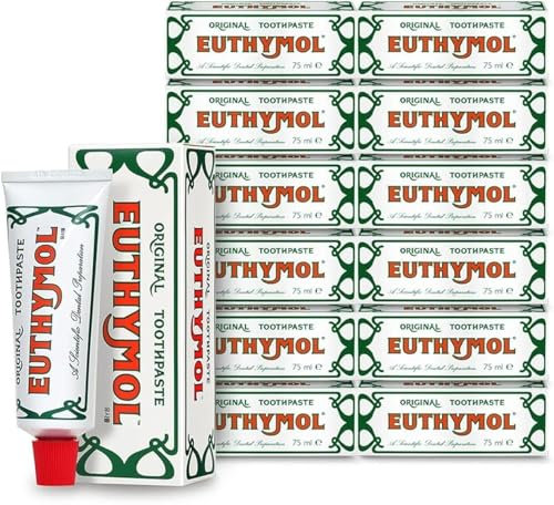Euthymol Original Zahnpasta 75 ml x 12, ohne Fluorid, gegen Plaque, antibakteriell, Hohlraumschutz, saubere und gesunde Zähne und Zahnfleisch, frische Minze, tägliche Zahnpflege aus Mundschmelz