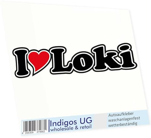 INDIGOS UG Auto Aufkleber I Love Loki 15 cm - Autoaufkleber - KFZ Sticker selbstklebend - für Motorrad, Fenster oder Heckscheibe - wetterfest & UV-beständig Sticker mit Namen von Mann Frau Kind