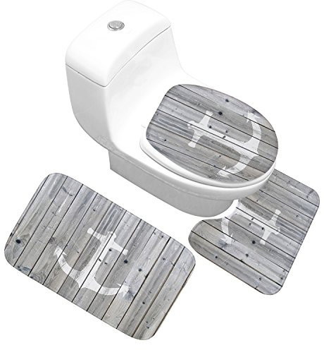 X-Life 3 Teilig Badematte Set im Ankermotiv Mikrofaserflanell Badezimmer Teppich rutschfest Badvorleger WC Vorleger mit Ausschnitt Toilettensitzabdeckung 50x80 cm