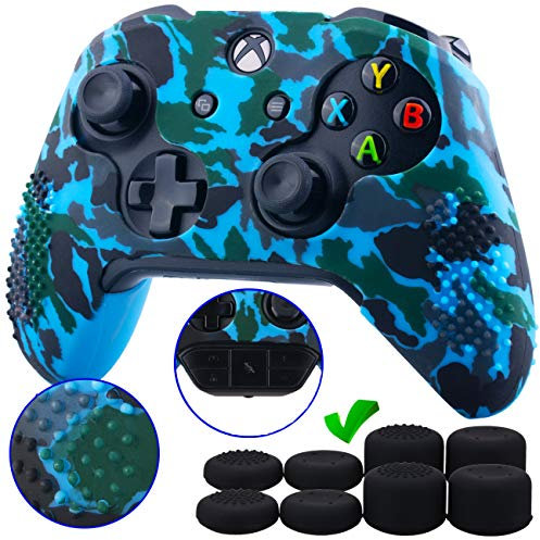 9CDeer Studded Protective Customize Transfer Printing Silicone Cover Skin Case + 8 Thumb Grips Analog Caps for Xbox One/S/X Controller Camouflage blue Compatible with Official Stereo Headset Adapter