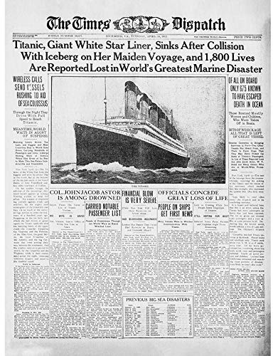 Fine Art Prints Newspaper Front Sheet Page Titanic Disaster 1912 Times Despatch Unframed Wall Art Print Poster Home Decor Premium, 16 x 12 inches