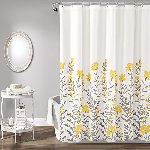 Lush Decor Aprile Duschvorhang mit Blumenmuster, 183 x 183 cm (B x L), Gelb und Grau, hübscher gelber Duschvorhang für Badezimmer, Landhaus- und Bauernhaus-Badezimmer-Dekor