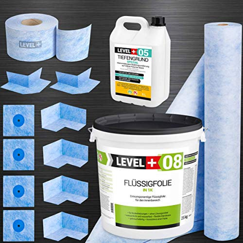 SET51 Kit d'étanchéité pour douche de salle de bain 25 kg de film liquide 5 l Fond de profondeur 25 m Bande d'étanchéité 5 m 4 coins intérieurs 2 coins extérieurs, 4 manchettes murales