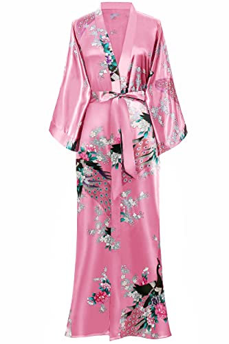BABEYOND Kimono Robe de Nuit Femme Robe de Chambre Longue Robe de Nuit Peacock Kimono Long Chemise de Nuit Kimono 53/135cm(Rouge Pastèque)