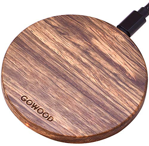 GOWOOD - Chargeur sans Fil en Bois de zèbre 15 W - Chargeur sans Fil Rapide avec câble de Charge Solide et résistant de 2 m - Chargeur sans Fil avec lumière Del intégrée et Port USB-C