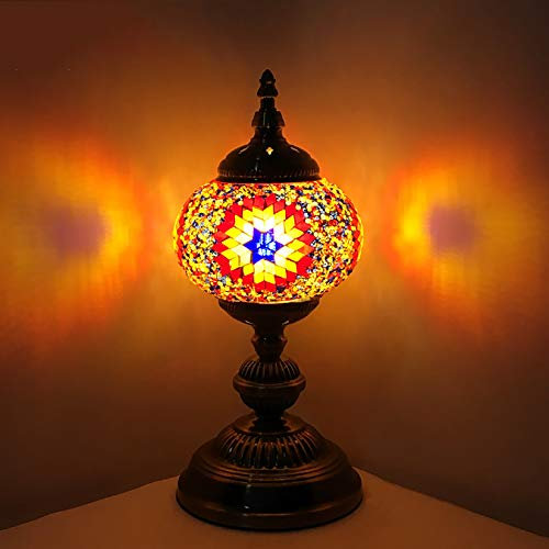 BOTOWI Türkische Mosaik-Glasplatte-Tischlampe handgefertigte marokkanische böhmische Stilinnenschild licht für Schlafzimmer Nachts-Esszimmer Cafe Bar, 110-240V,D