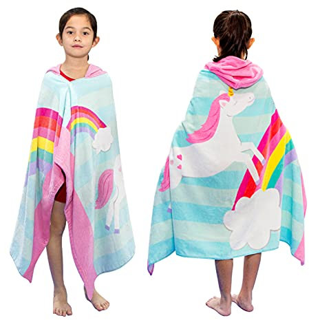 BANGSAUR Kinder-Badetuch mit Kapuze, 100% Baumwolle, 127x 76cm Wickel, Kinder, Kleinkinder, Mädchen, Jungen, 3–12 Jahre (Regenbogen-Einhorn)