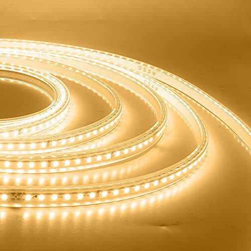HEGEHE 10m Dimmbar LED Strip Streifen, 220V SMD 2835 120LEDs/m, Warmweiß LED Band Lichtleiste Lichtschlauch mit 15 Tasten Fernbedienun, Wasserdicht IP65