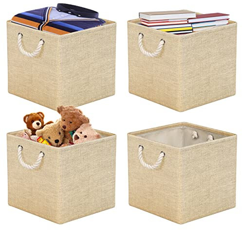 RIWNNI Juego de 4 Cajas Almacenaje, 33 x 33 x 33 cm, Cestas Organizadoras de Tela con Asas, Cubos de Almacenamiento Plegable para Ropa, Juguetes, Libros, Armario y Estanterías (Beige)