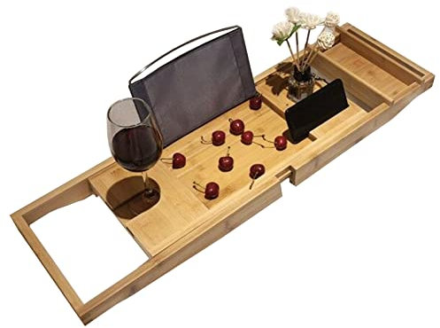 Badewannenablage Bambus Badewannenbrett mit Handyhalter Buchstütze Weinhalter 75-109cm ausziehbar Badewannentablett 75x23x4,5cm