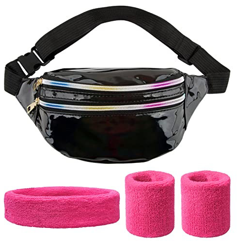 80er Kostüm Outfit Set Gürteltasche Damen Schwarz Bauchtasche Verstellbarer Schultertasche mit Schweißband und Stirnband für 80er 90er Kostüm Party Fasching Karneval Halloween usw.
