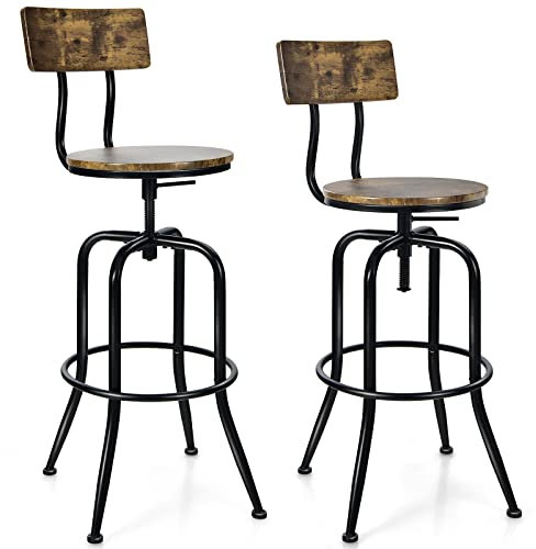 COSTWAY Lot de 2 Tabourets de Bar, Hauteur Réglable de 69 à 76 CM, Chaise Haute Bar avec Dossier Détachable et Repose-Pieds, Cadre en Métal, Chaise de Bar Industrielle, Tabouret pour Pub, Bistrot