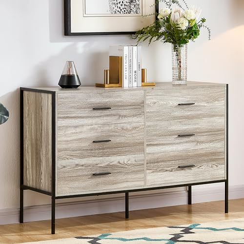 Vida Designs Brooklyn Industrial Chest of Drawer Rustic Bedroom Storage Unit, Cabinet Dresser with Metal Frame (Grey, 6 Drawer Wide)