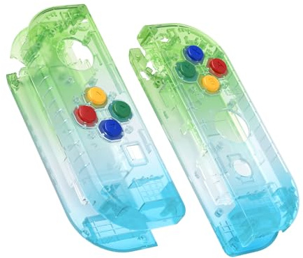 eXtremeRate NS Joycon Hülle & Tasten, DIY-Ersatz Gehäuse Case Grips Skin Shell & Knöpfe Buttons Umbau Kit für Nintendo Switch/Switch OLED Joycon Controller-Transparent Grün Lila [KEIN Joy Con]