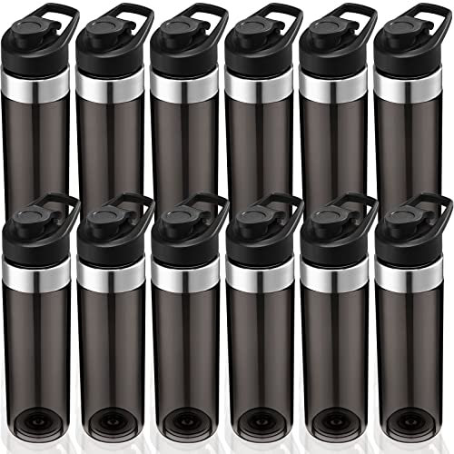 12 Stück Kunststoff-Wasserflaschen-Set, 590 ml, wiederverwendbare Sport-Wasserflasche mit Griffdeckel, Dutzend klare, leichte, auslaufsichere Wasserflaschen, Erwachsene, Schulteams (grau)