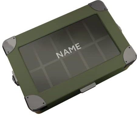 CASE ELEGANCE Monogrammierte militärische Uhrenbox mit 10 Schlitzen für Herren, Echtglasplatte, modulares Valet-Tablett, Apple Watch kompatibel mit Apple Watch-Ständer, Zubehörschublade,