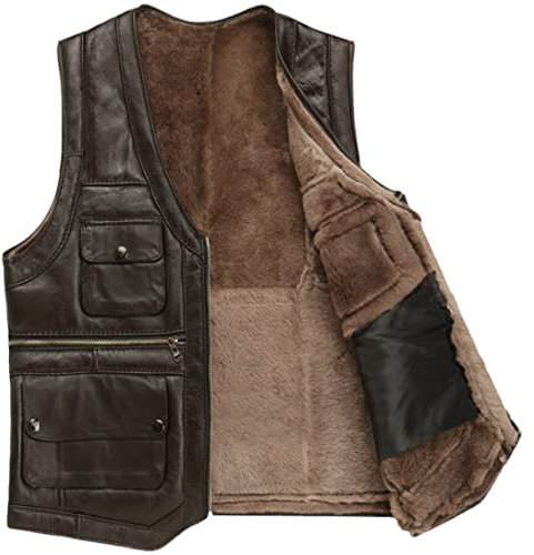 Gilet en cuir PU pour homme Automne et hiver multi-poches Casual Fourrure chaude Gilet en peau de mouton, a, XXL