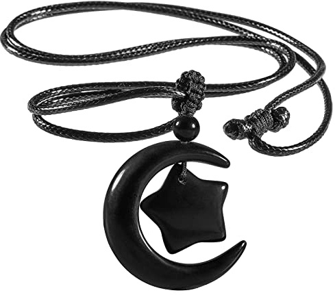 KYEYGWO Hand Carved Crystal Crescent Moon Star Pendant Necklace | Celestial Sacred Symbol Talisman, Root Chakra Healing Crystal Necklace, Adjustable Cord, Black Gemstone Jewellery Gift