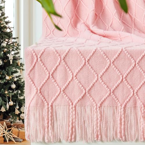 inhand Gestrickte Überwurfdecken für Couch und Bett, weiche, gemütliche Strickdecke mit Quaste, rosa, leichte, dekorative Decken und Überwürfe, Bauernhaus-warme gewebte Decke für Männer und Frauen,