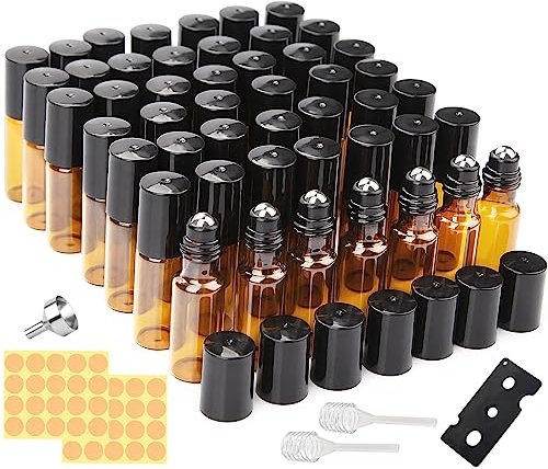 PuretéavHom Roll on Glasflaschen für ätherisches öl 48 Stück 5ml ätherische öle Roll on 5ml Leer mit Edelstahl Roller Bällen für Parfums