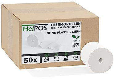 HeiGroup - HeiPOS 50x Thermorollen ohne Plastikkern - 80mm x 80m, Rollen Ø 80mm, Kern Ø 12mm, Flächengewicht 52 g/m2, Dicke 60 µm, 10 Jahre Haltbarkeit