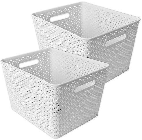 TE-Trend 2 Stück Aufbewahrungsbox Aufbewahrungskorb Ordnungsboxen Korb Aufbewahrung in Rattan Optik Kunststoffbox 18L Weiß