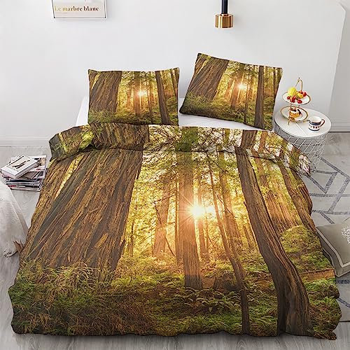 Wald Bettwäsche 135x200 2 teilig - Sonnenaufgang Wald Bettbezug, Sommer Bettwäsche-Sets, Weich & Bügelfrei Mikrofaser Wendebettwäsche und 1 Kissenbezug 80x80 mit Reißverschlus N3-&-236