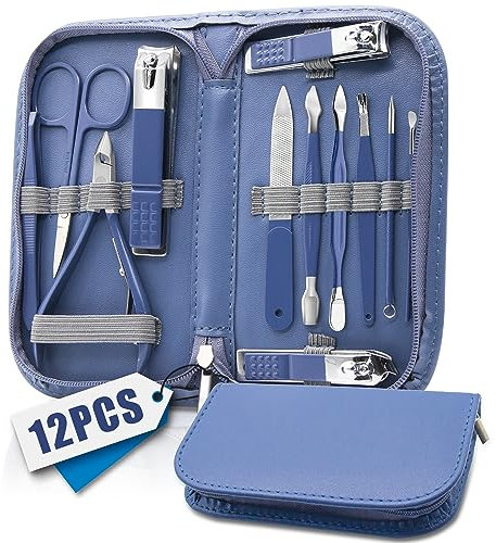 Set Manucure, Kit Manucure Professionnel, Trousse Manucure Femme et Hommes, Pince Coupe Ongle Pied, Ensemble de Coupe-ongles de Voyage Avec Sac de Voyage en Cuir Bleu, Set 12 en 1